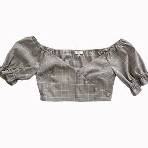 Tobi Off Shoulder Plaid Crop Top Sz S
